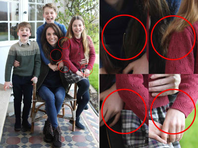 Bildkollage som till vänster visar en bild av prinsessan Catherine av Wales med sina barn med röda ringar runt sådant som väckt uppmärksamhet i bilden. Till höger lyfter fyra mindre bilder fram detaljerna som orsakat misstankar om bildmanipulation.