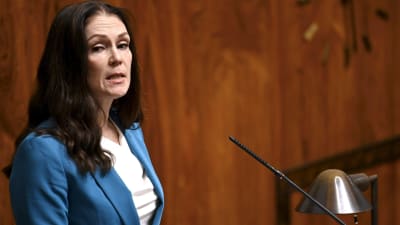En mörkhårig kvinna (Lulu Ranne) i blå kavaj talar i riksdagen.