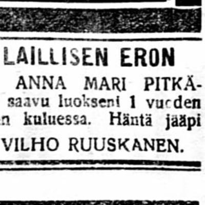 Vanha lehtileike avioerokuulutuksesta 1920-luvulta.