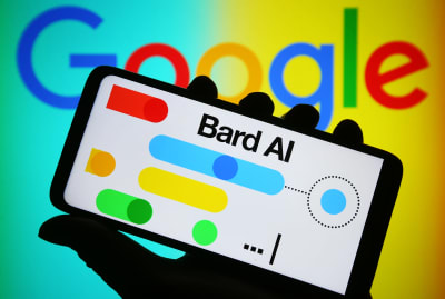 En illustrationsbild på Google Bards logo och Googles logo.