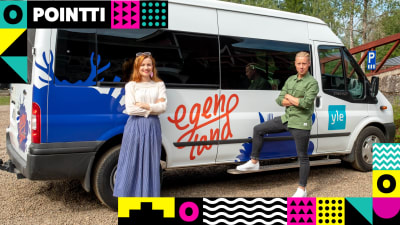 Hannamari Hoikkala och Niklas Aldén står framför en vit paketbil med programmet Egenlands logo.