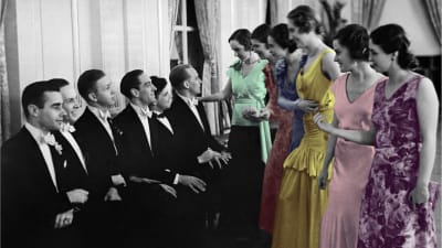 Kvinnor bjuder män upp till dans på en skottårsbal år 1932.