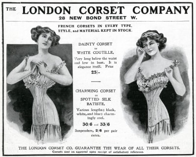 Korsettreklam från tidigt 1900-tal med två kvinnor i åtstrypande korsetter och uppiffat hår.