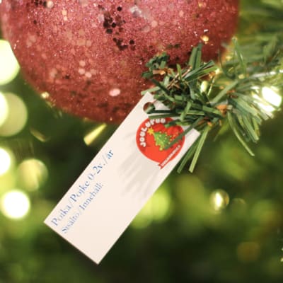 Joulukuusesta roikkuu joulukoriste ja pakettikortti.