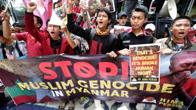 Indonesiska aktivister håller upp en banderoll med texten: "Stoppa folkmordet på muslimer" den 24.11.2016.