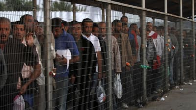 Palestinska män köar vid gränskontrollen Eyal Check för att komma in i Israel för att arbeta  ad