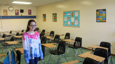 Madeleine Russell i ett klassrum i den katolska skolan Roncalli High School i Indianapolis.