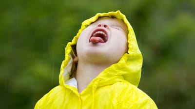 Flicka iklädd gul regnjacka räcker ut tungan och fångar regndroppar.