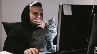 En man och en katt framför en dator.