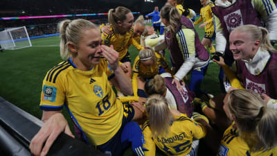 Svenska spelare firar seger.
