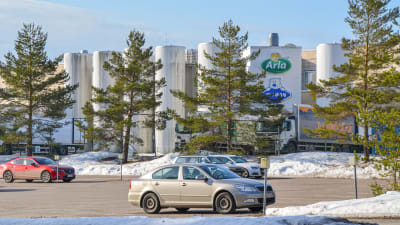 En parkeringsplats med en fabriksbyggnad i bakgrunden som har logotyperna för Arla och Ingman på väggen. 