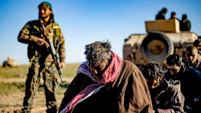 Tillfångagna misstänkta IS-medlemmar bevakas av en SDF-soldat