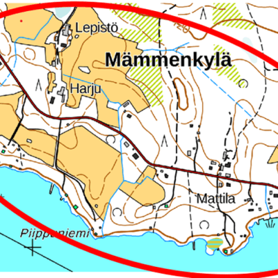 Kuvassa on rajattuna Mämmen alue kartalla, jota vesiputken rikkoutuminen koskettaa. Salmesta Pellonpäähän.