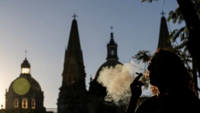 En person röker marihuana i Guadalajara, Jalisco i Mexiko. Demonstration till stöd för lagförslaget om en legalisering av marihuana19.11.2020