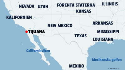En karta som visar vart Tijuana ligger på gränsen mellan USA och Mexiko.