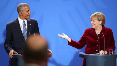 Barack Obama och Angela Merkel vid en presskonferens