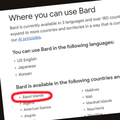 Skärmdump på Googles webbplats. Här framkommer att Bard skulle vara tillgänglig på Åland.