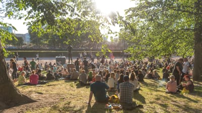 Människor sitter i en fullsatt park.
