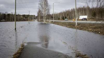 En cykelväg översvämmad av vatten, till höger i bilden syns en riksväg med biltrafik.