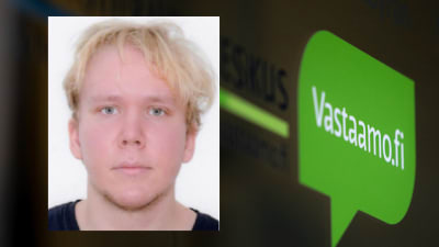 Julius Kivimäki på polisens efterspaningsbild tillsammans med texten Vastaamo.fi. 