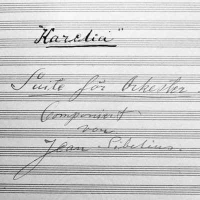 Sibeliuksen Karelia-sarjan nuottilehti säveltäjän allekirjoituksella