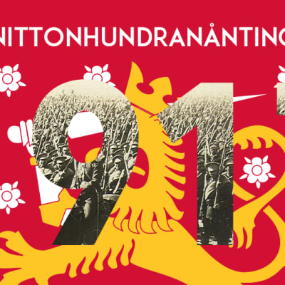 Texten Nittonhundranånting 1917, med finska lejonet och en armé.