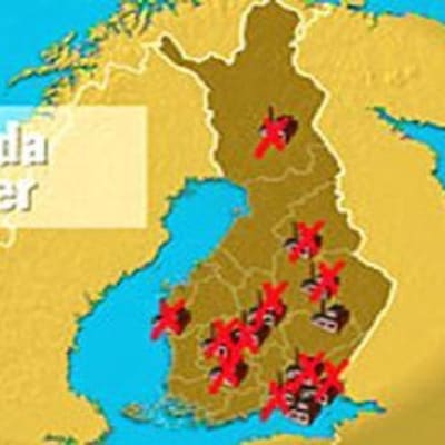 En karta över nerlagda fabriker i finland år 2009