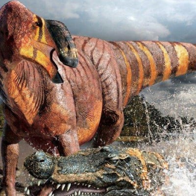 Taiteilijan näkemys myöhäisellä liitukaudella 75 miljoonaa vuotta sitten eläneestä Rhinorex condrupus -dinosauruksesta.