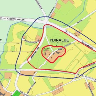 Kartta kaavoitettavasta Harvialan kartanoalueesta
