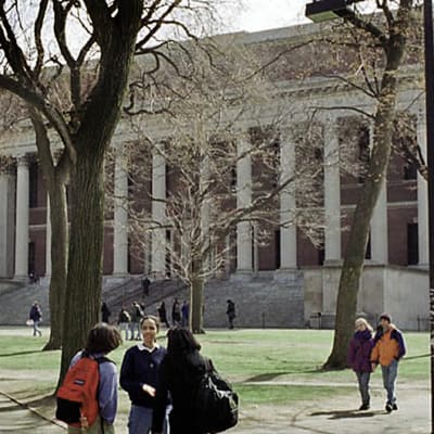Opiskelijoita käyskentelee Harvardin yliopiston puistikossa.