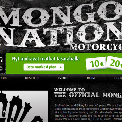 Ruutukaappaus Mongols Nation MC -ryhmän sivuilta. Keskellä näkyy VR:n mainosbanneri.