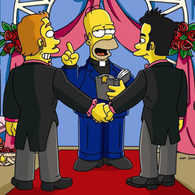 Simpsons-tv-sarjan kohtaus, jossa Homer pappina vihkii homoparia alttarilla.