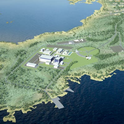 Fennovoiman havainnekuva Hanhikivenniemelle sijoitettavasta ydinvoimalaitoksesta. 