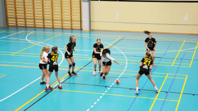 Handbollsspelare på plan i en match.