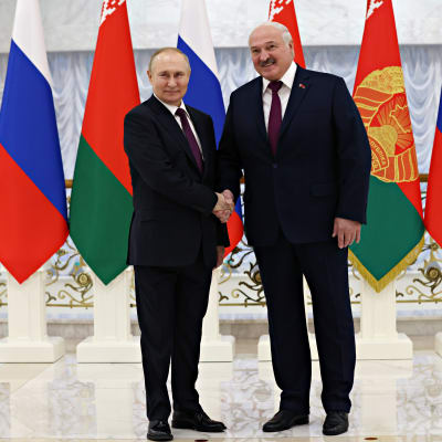 Rysslands president Vladimir Putin skakar hand med Belarus president Alexandr Lukasjenko. 