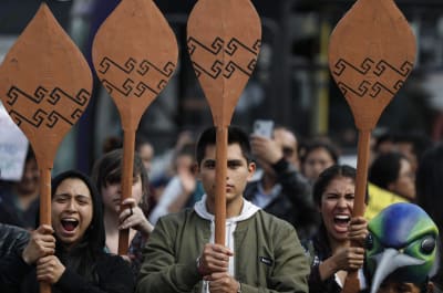 Miljöorganisationer och aktivister deltar i demonstrationer till stöd för ursprungsbefolkningen som drabbats av bränderna i Amazonas. 
