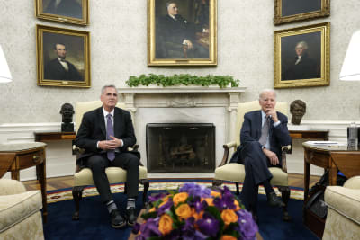 Kevin McCarthhy och Joe Biden sitter i var sin stol vid en öppen spis. I förgrunden en blombukett med gula och lila blommor.