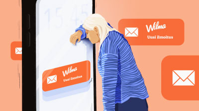Piirros, jossa nainen nojaa isoon kännykkään, jossa lukee Wilma - uusi ilmoitus. Myös ympärillä on Wilma-merkkejä oranssilla taustalla.