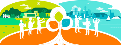 A drawn image. Profiles of people in white. In the middle a tree, in the background a city skyline.