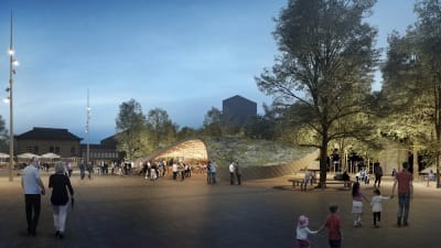 En byggnad med böljande tak omgivet av träd på ett torg.
