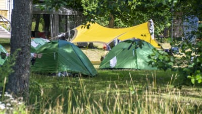 Några tält står uppställda på ett campingområde.