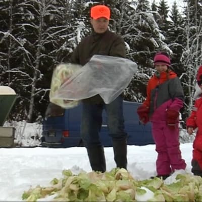 Jussi, Martta ja Veikka Petrelius tuovat ruokaa riistan talviruokintapaikalle.