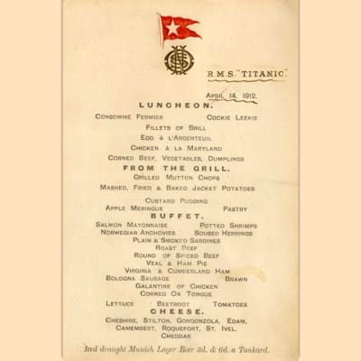 Titanicin ensimmäisen luokan menu 14. huhtikuuta 1912.