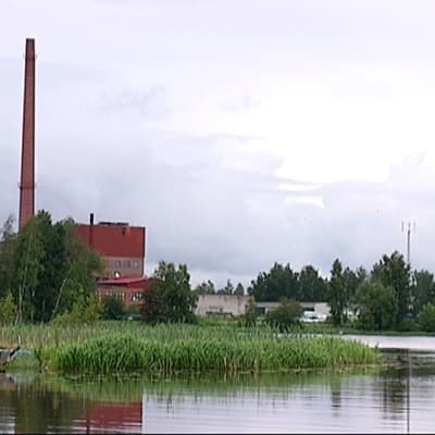 Järvimaisema, johta hallitsee tehtaan piippu.