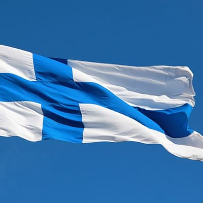 Kuvassa liehuva Suomen lippu.