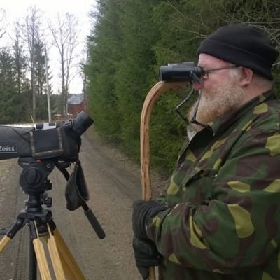 Lintuharrastaja Ari Lehtinen kiikaroi lintuja