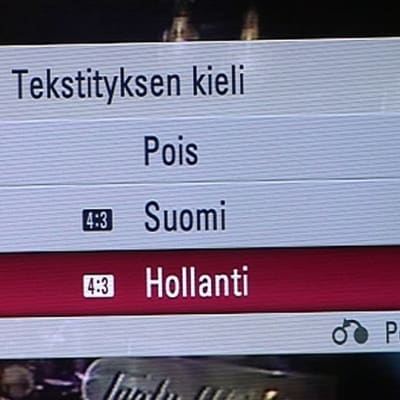 Ohjelmatekstityksen kielivalikko, jossa vaihtoehtoina suomi ja hollanti.