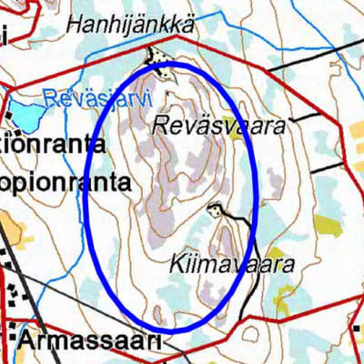 Kuvassa Reväsvaaran tuulivoimala-alueen viitteellinen alue.