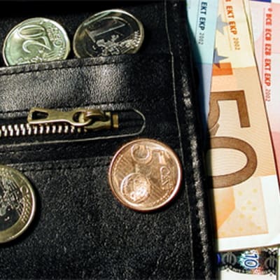 Eurokolikoita ja -seteleitä lompakossa.