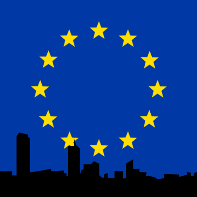 EU-lippu ja suurkaupungin siluetti